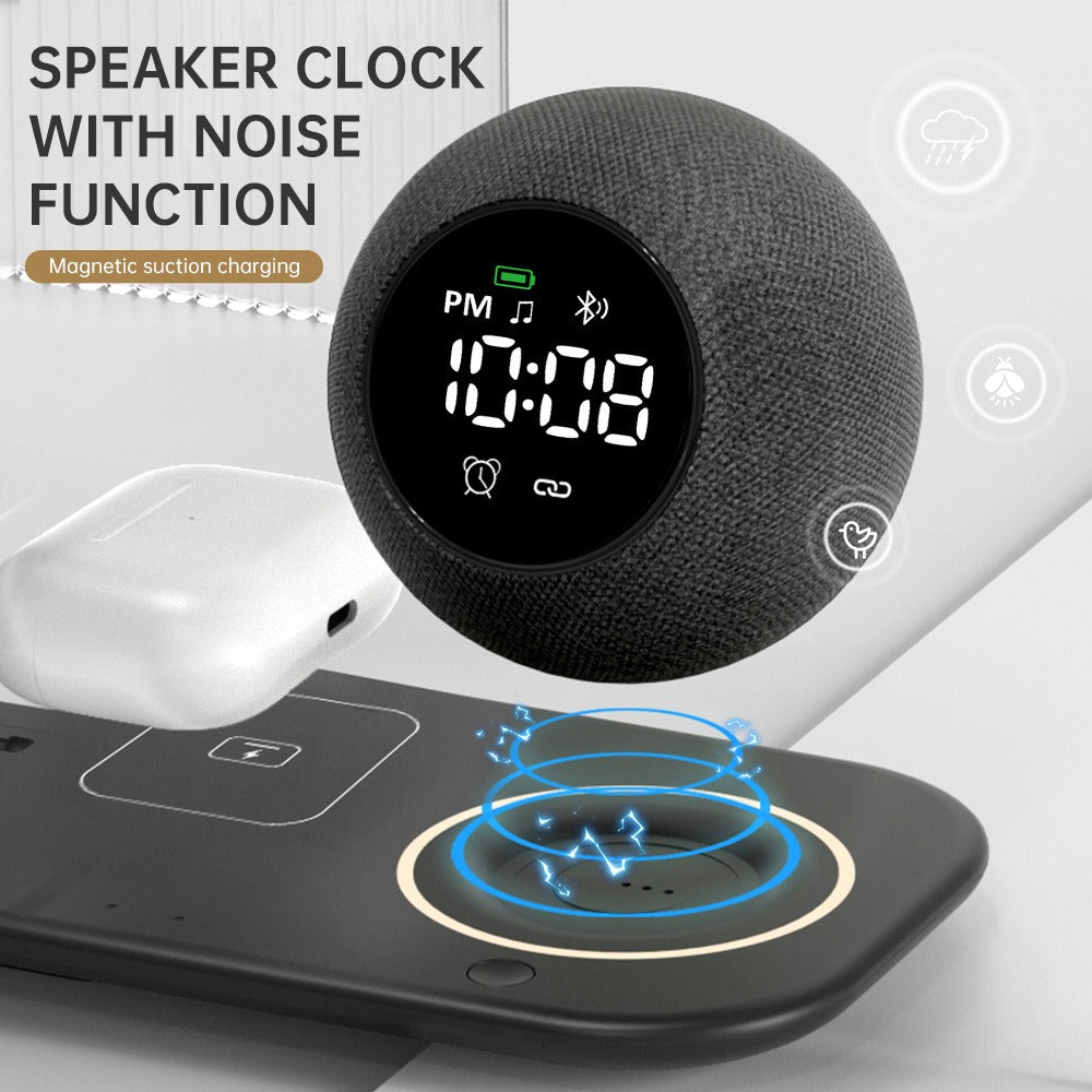 Relógio 6 em 1: celular, fones de ouvido, carregamento sem fio, alarme, alto-falante Bluetooth e luz noturna.