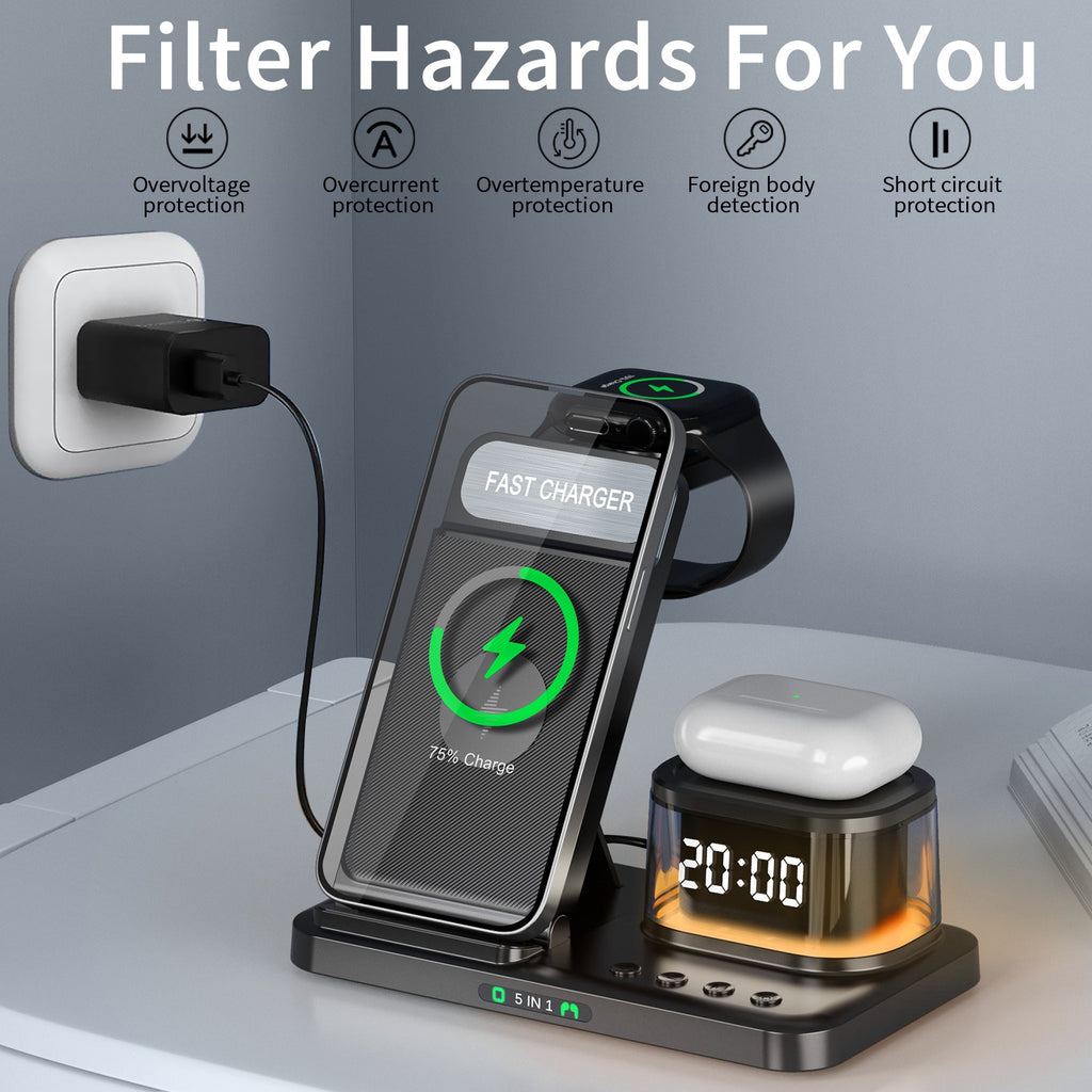 Carregamento rápido de 15W, carregamento sem fio, dobrável, cinco em um, estação de carregamento para celular sem fio, recarregável por cartão.