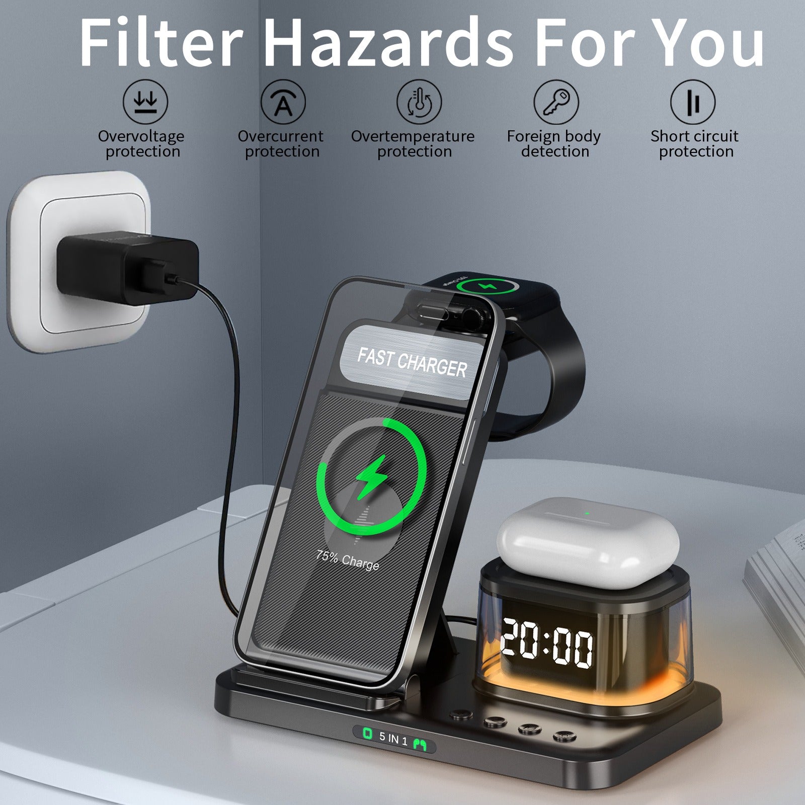 Carregamento rápido de 15W, carregamento sem fio, dobrável, cinco em um, estação de carregamento para celular sem fio, recarregável por cartão.
