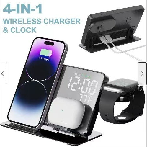 Relógio com carregamento sem fio 4 em 1 de 15 W, display digital LED, despertador, indicador de temperatura e carregamento sem fio.