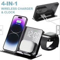 Relógio com carregamento sem fio 4 em 1 de 15 W, display digital LED, despertador, indicador de temperatura e carregamento sem fio.