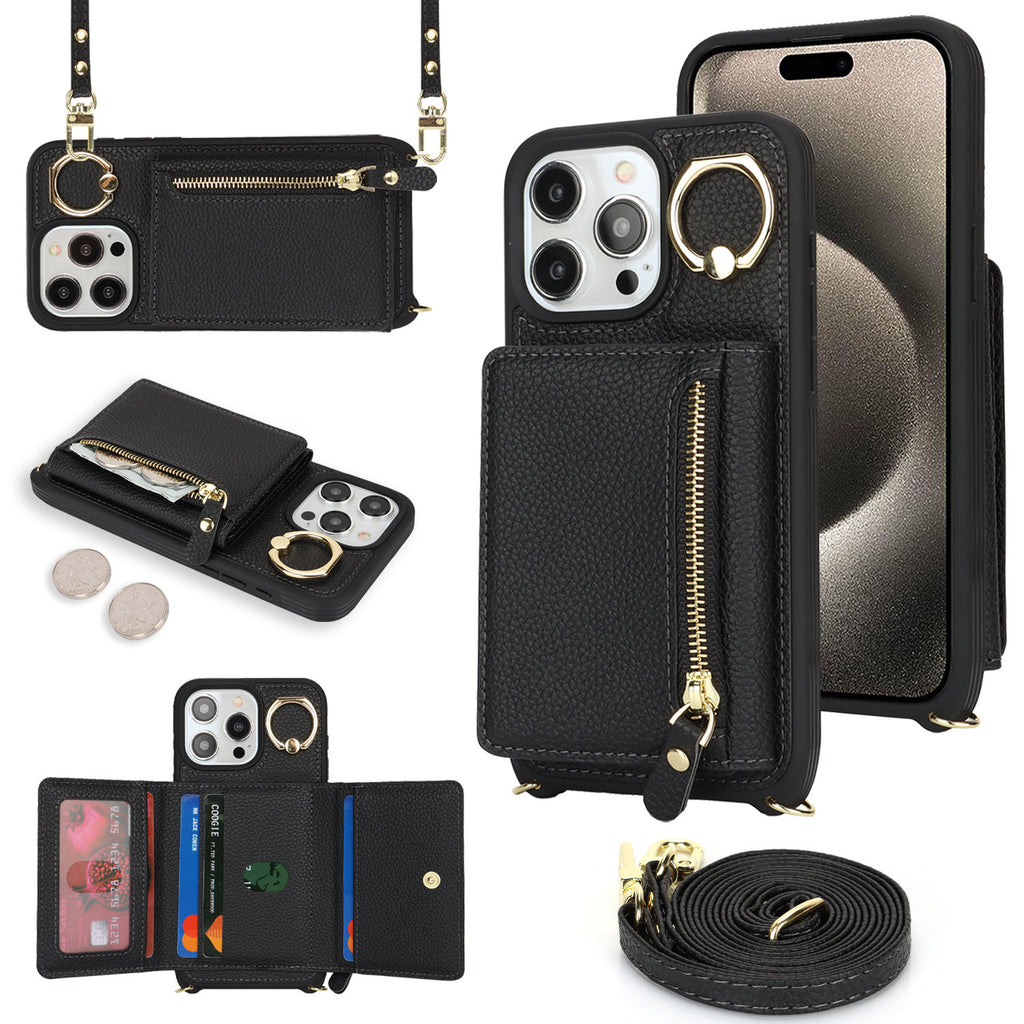 Capa protetora multifuncional com zíper, porta-moedas e compartimento diagonal para iPhone 17 e 14 Pro.
