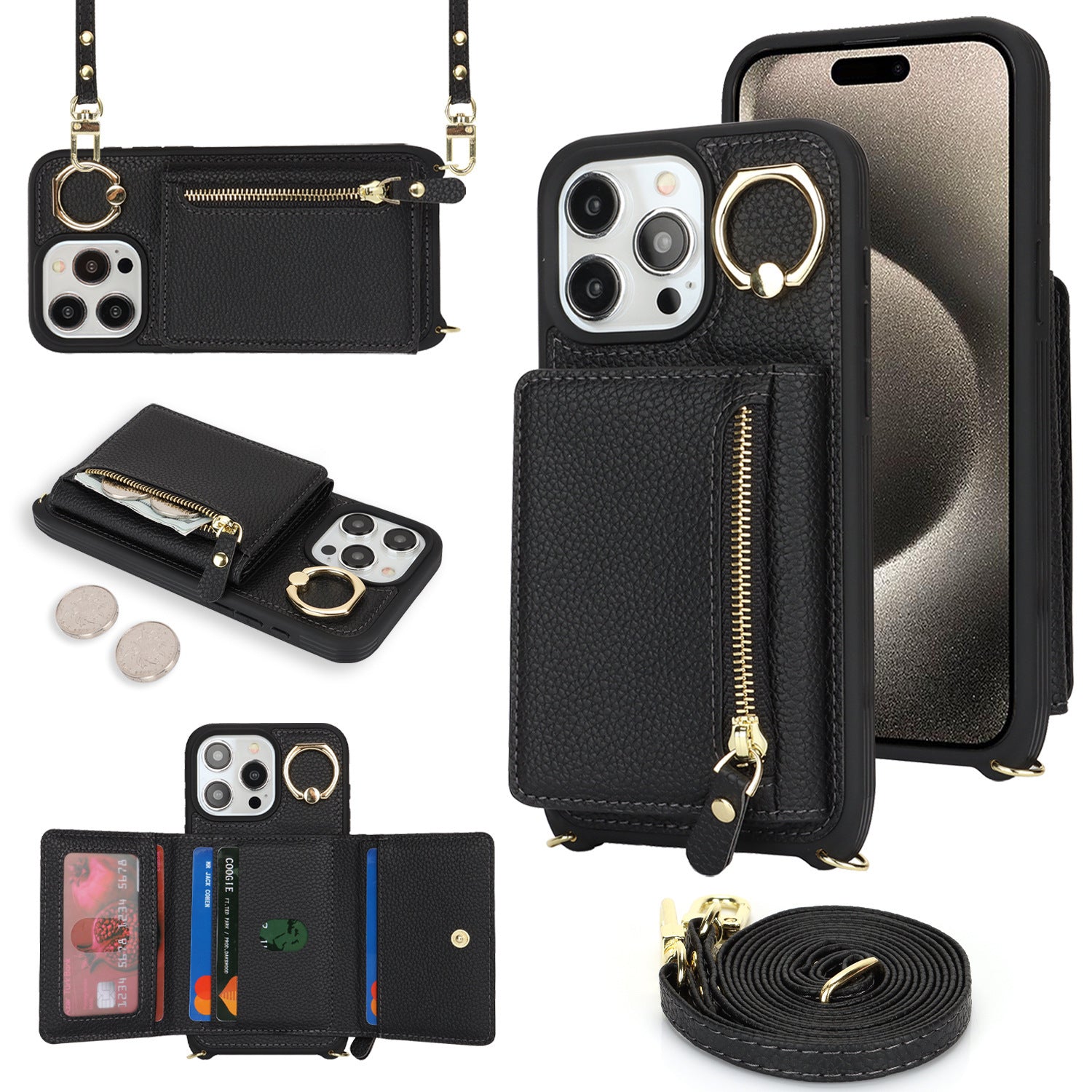 Capa protetora multifuncional com zíper, porta-moedas e compartimento diagonal para iPhone 17 e 14 Pro.