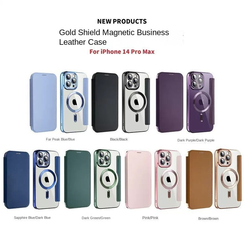 Capa de couro com proteção dourada, revestimento eletroplástico e fecho magnético, compatível com iPhone 16, Apple 15 e 14.