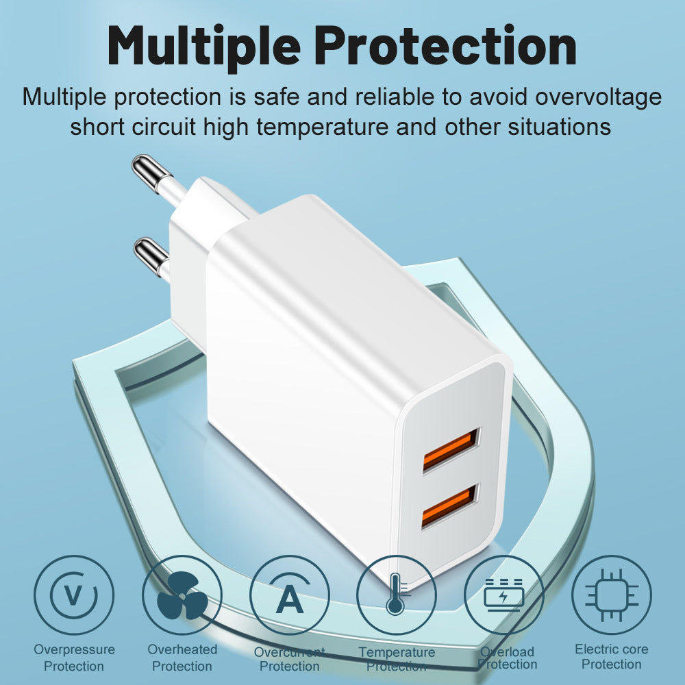 Carregador de celular USB duplo QC3.0 com adaptador de carregamento de 2,4 A e adaptador de viagem.