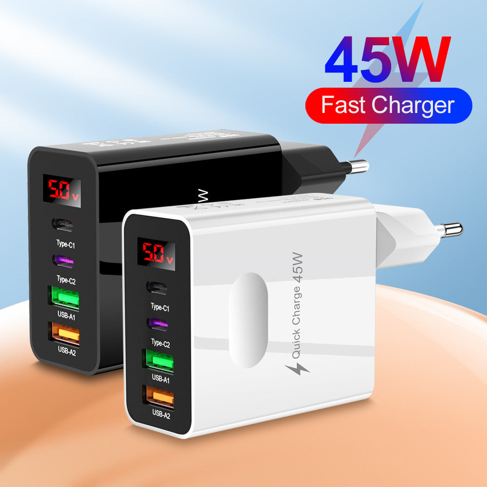 Carregador digital para celular com 2 portas USB-C e 2 portas USB-C, compatível com plugues padrão europeu, americano e britânico.