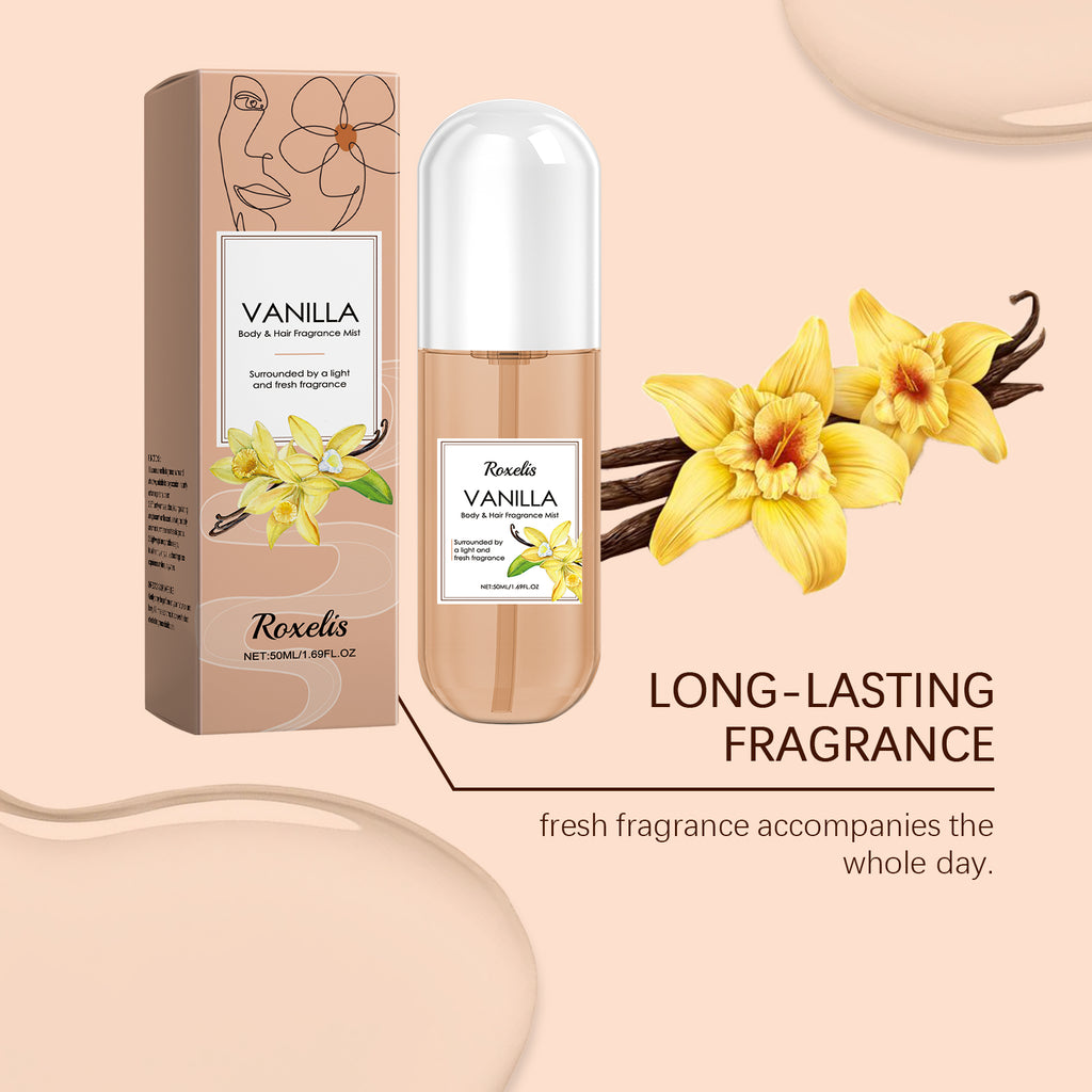 Desodorante Corporal Roxelis Vanilla, Fragrância Natural, Fresca e Leve, Perfume Diário para o Corpo e Cabelo.