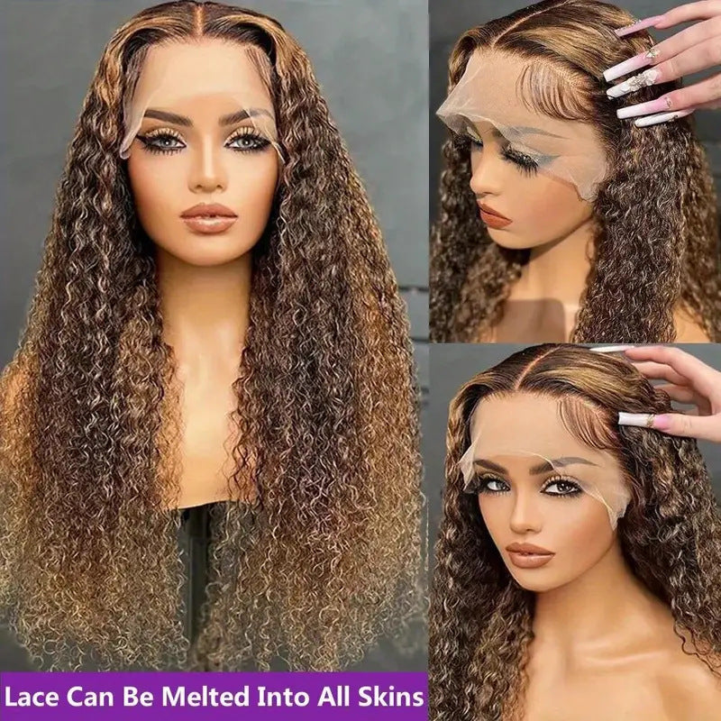 Peruca Lace Wigs 13x4 HD Transparente com Ondas de Água e Mechas Loiro Mel com Ondas de Água