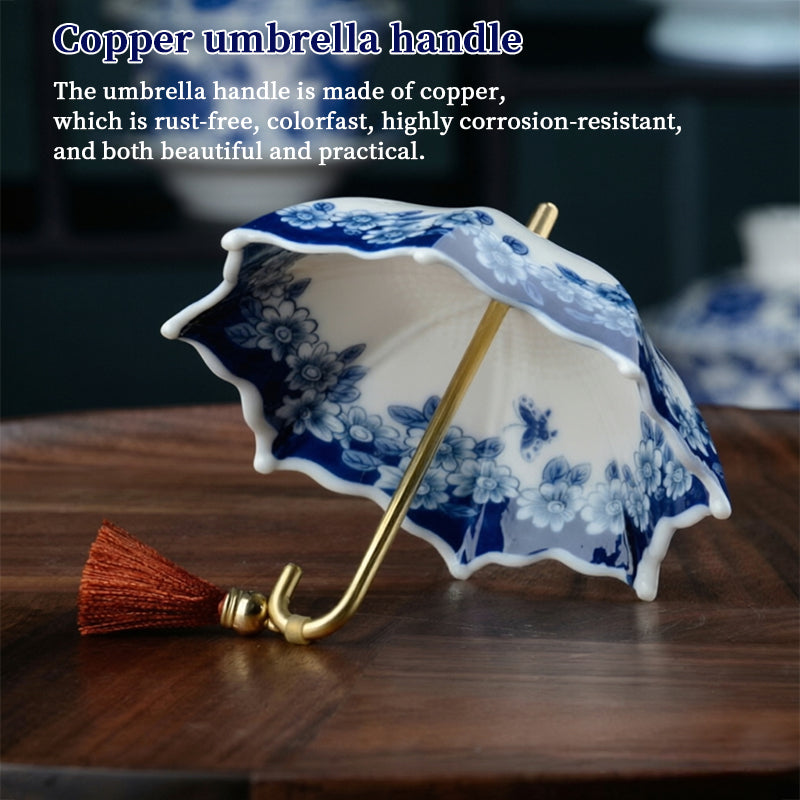 Infusor de chá em porcelana azul e branca em formato de guarda-chuva com borla – Filtro de chá de cerâmica estilo chinês