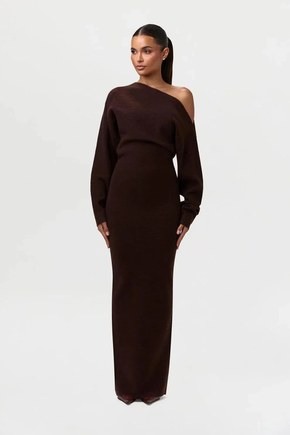 Ins Slim Long Sleeve Knitted Dress Evening Party Sexy Off - shoulder Bodycon Long Dresses - e & cj8e & cj8
