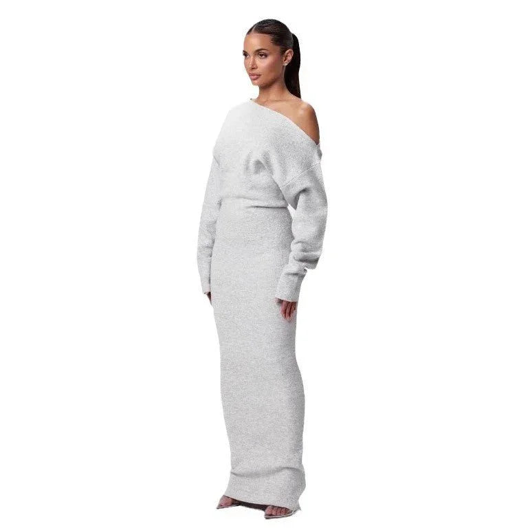 Ins Slim Long Sleeve Knitted Dress Evening Party Sexy Off - shoulder Bodycon Long Dresses - e & cj8e & cj8