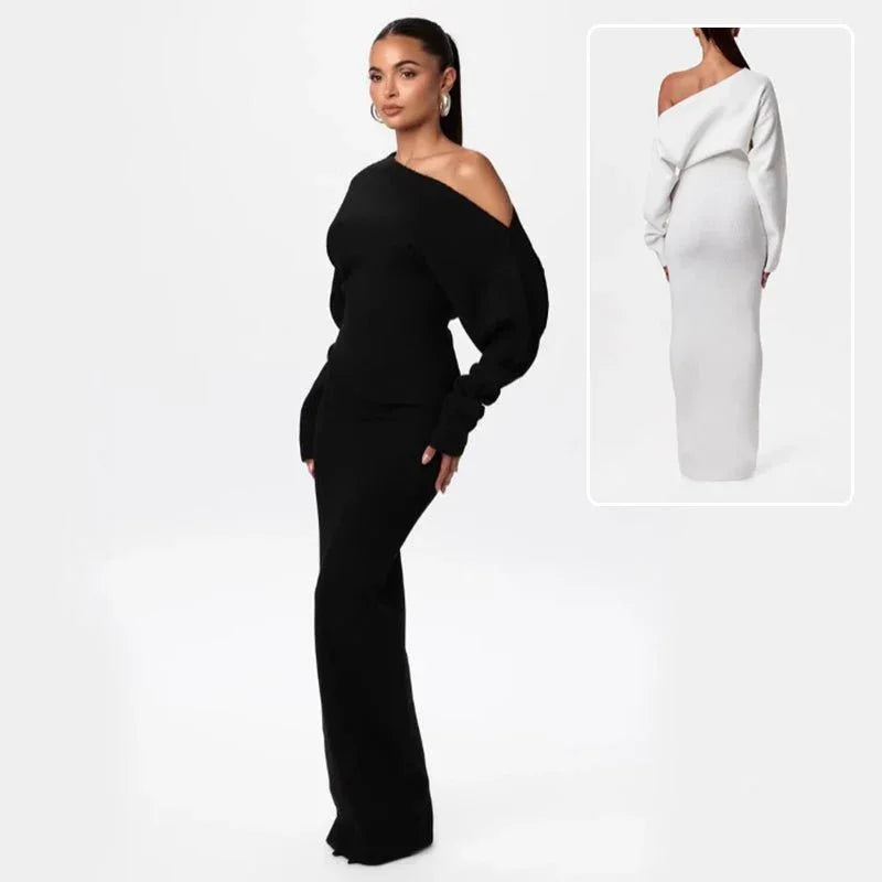 Ins Slim Long Sleeve Knitted Dress Evening Party Sexy Off - shoulder Bodycon Long Dresses - e & cj8e & cj8