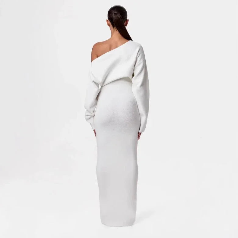 Ins Slim Long Sleeve Knitted Dress Evening Party Sexy Off - shoulder Bodycon Long Dresses - e & cj8e & cj8