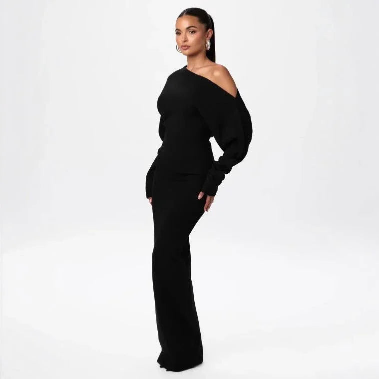 Ins Slim Long Sleeve Knitted Dress Evening Party Sexy Off - shoulder Bodycon Long Dresses - e & cj8e & cj8