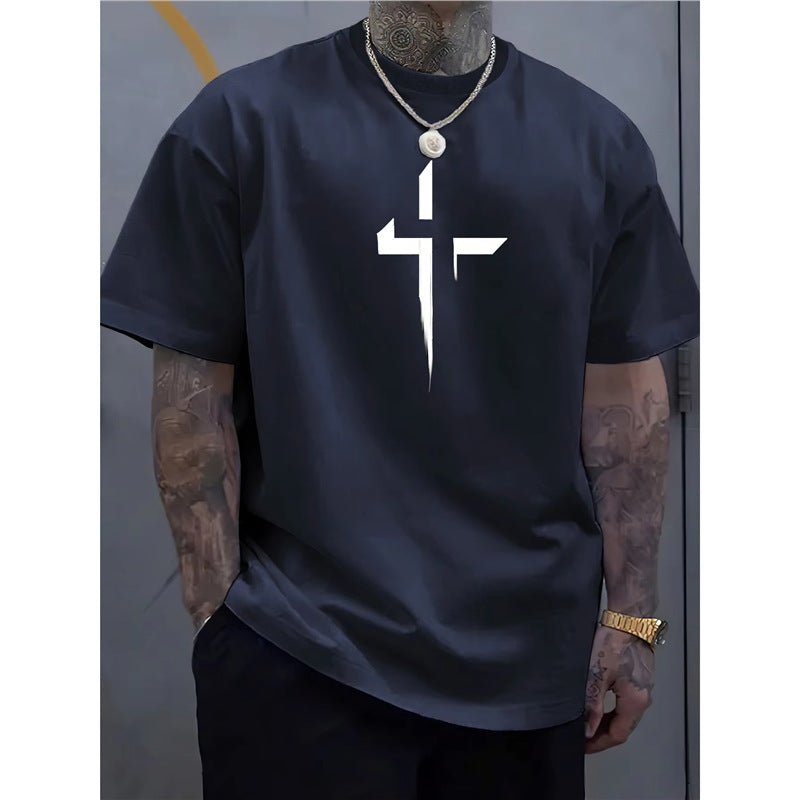 Street - style Mens Casual Loose - fit Cross - print Creative Sports Short - sleeve Top - e & cj8e & cj8