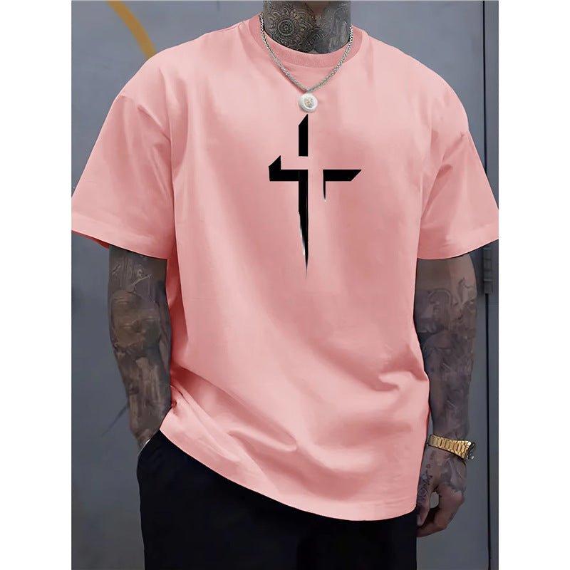 Street - style Mens Casual Loose - fit Cross - print Creative Sports Short - sleeve Top - e & cj8e & cj8