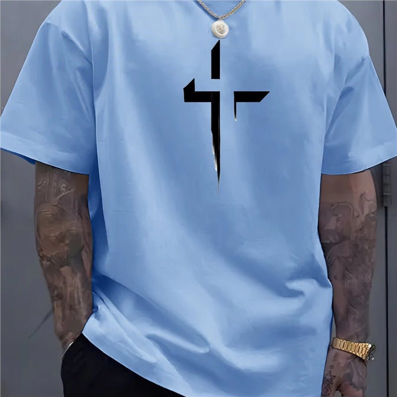 Street - style Mens Casual Loose - fit Cross - print Creative Sports Short - sleeve Top - e & cj8e & cj8
