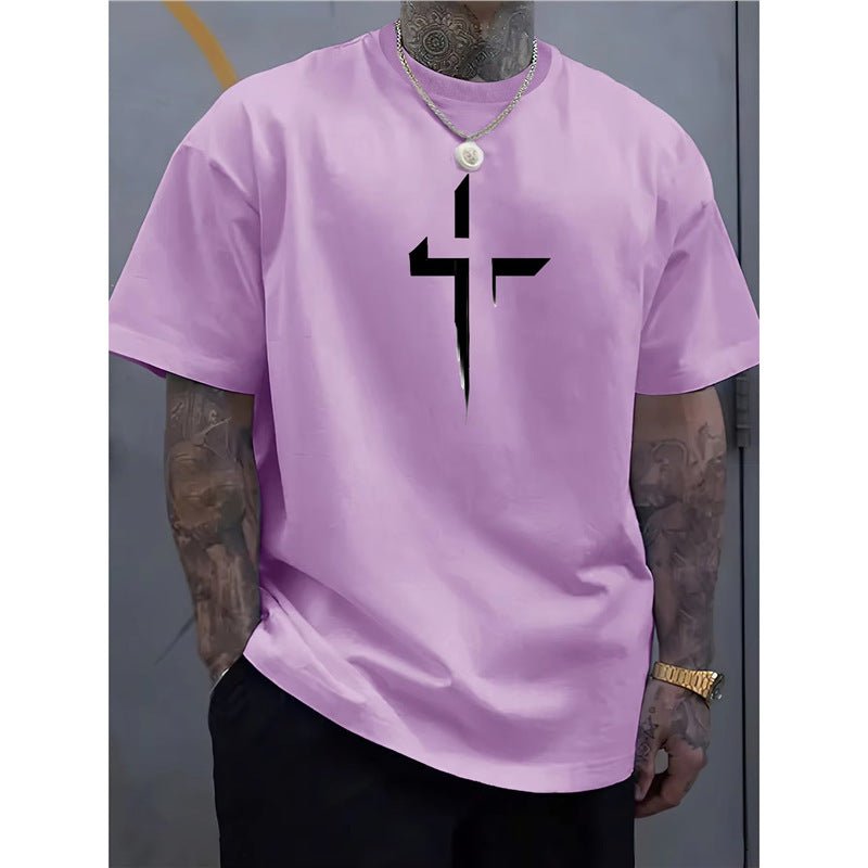 Street - style Mens Casual Loose - fit Cross - print Creative Sports Short - sleeve Top - e & cj8e & cj8