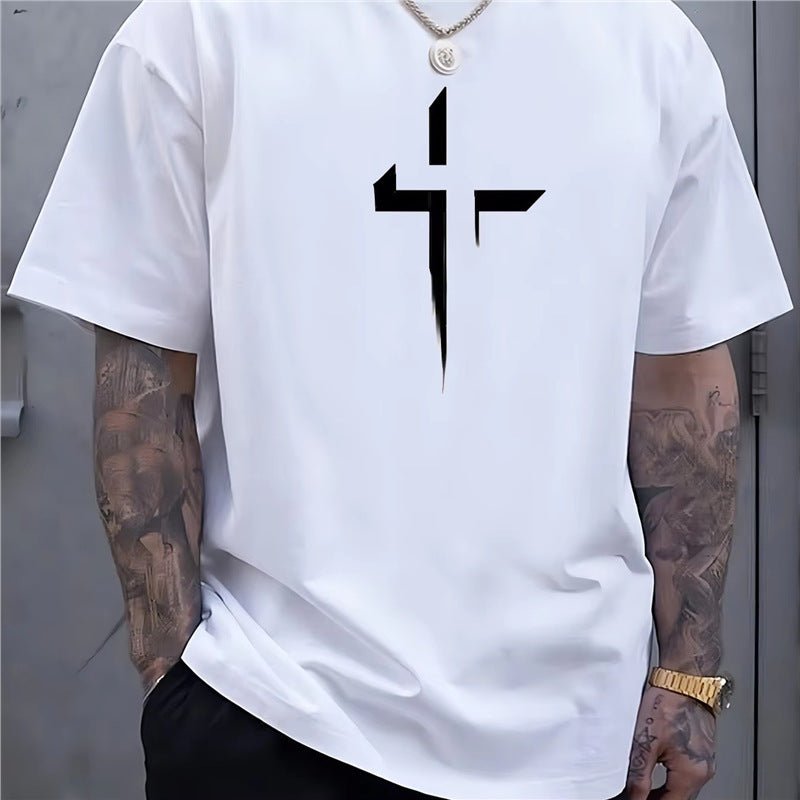 Street - style Mens Casual Loose - fit Cross - print Creative Sports Short - sleeve Top - e & cj8e & cj8