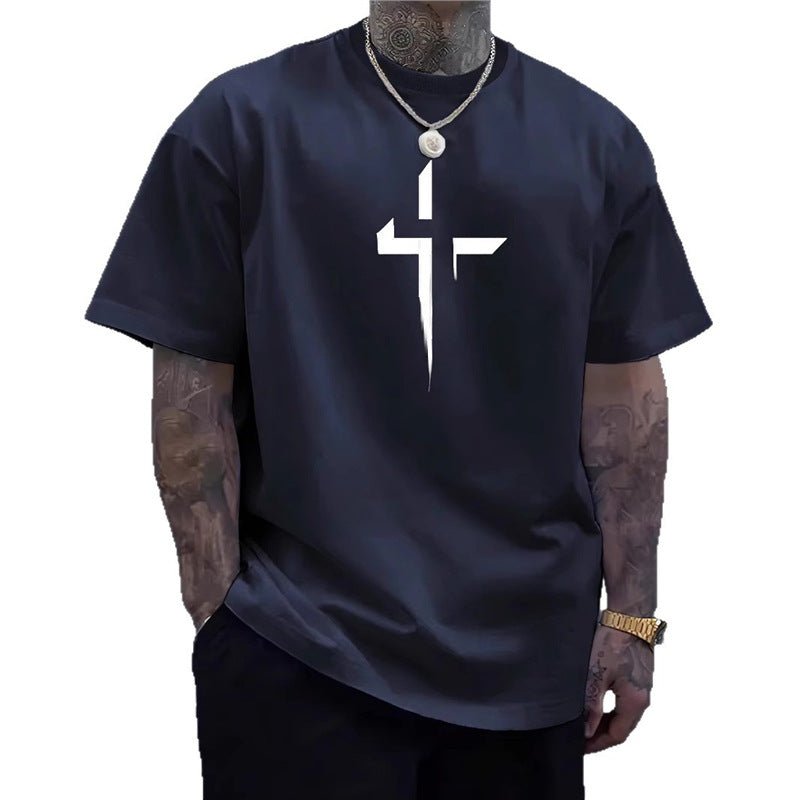 Street - style Mens Casual Loose - fit Cross - print Creative Sports Short - sleeve Top - e & cj8e & cj8